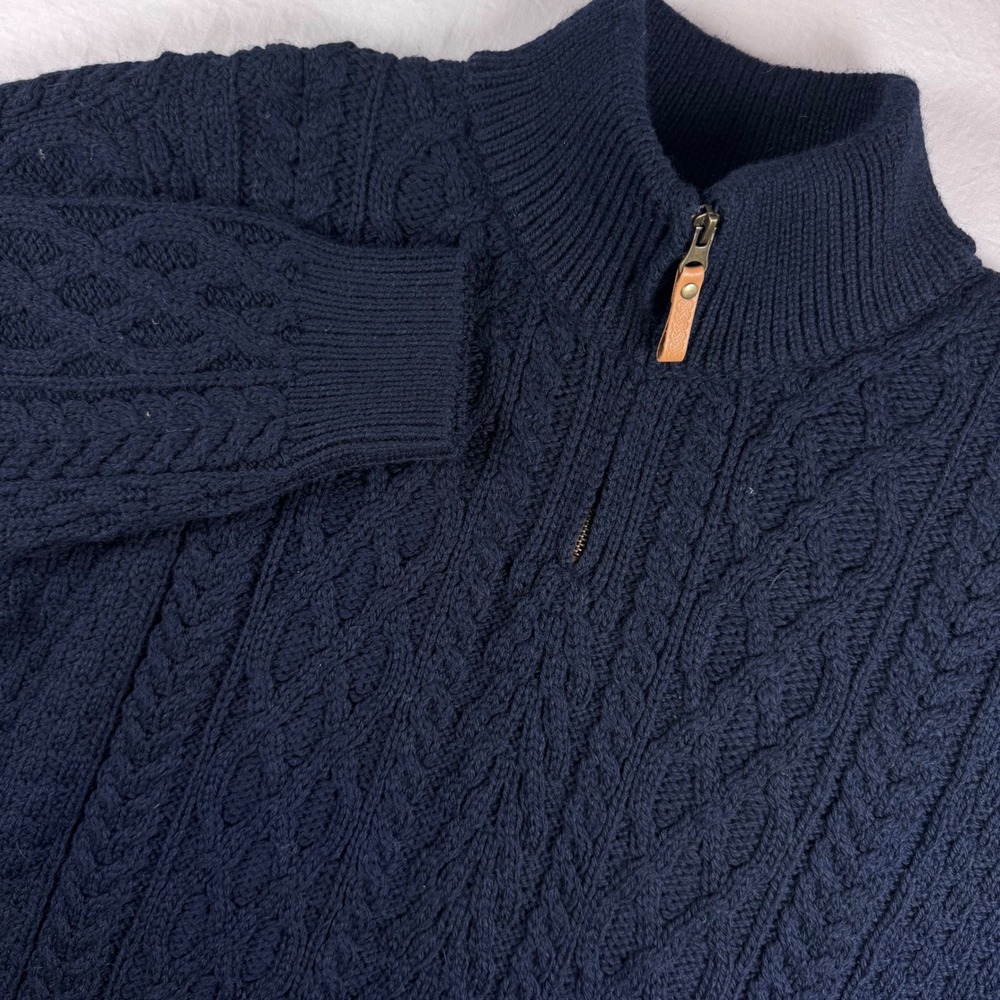 Aran Sweater Market XL Navy Blue 100% Wool Fisherman Cable Knit 1/4 Zip Ireland